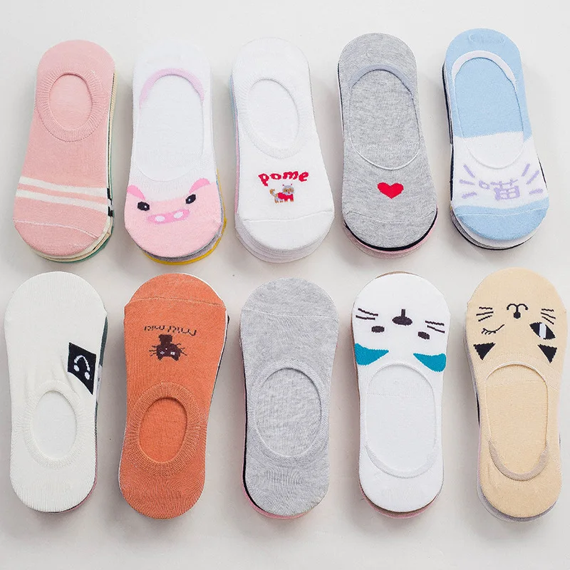5 пар летние невидимые Нескользящие женские носки лодочки хлопок с рисунком