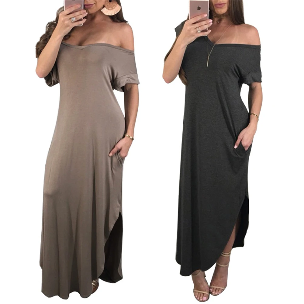 Фото V Neck Long Dress Women Autumn Winter Short Sleeve Solid Split Female Loose Casual Pullover Женская одежда V Neck Long Dress Women Autumn Winter Short Sleeve Solid Split Female Loose Casual Pullover Женская одежда