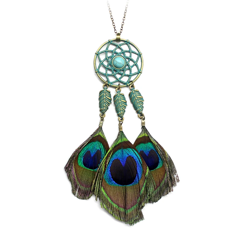 Длинная цепочка для свитера Ловец снов полые павлиньи перья креативное ожерелье