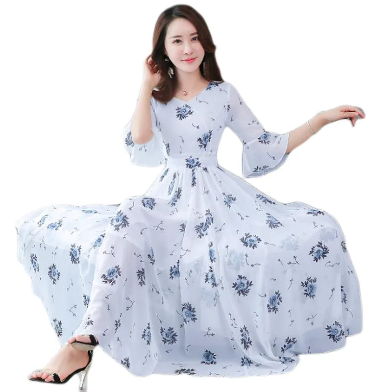 Женское длинное шифоновое платье с принтом кружевное коротким рукавом большие