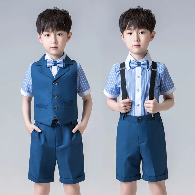 Flower Boys Fomal Wedding Dresses Set Kids Host Piano Performance Catwalk Costumes Children Striped Shirt Shorts Vest Clothes | Детская