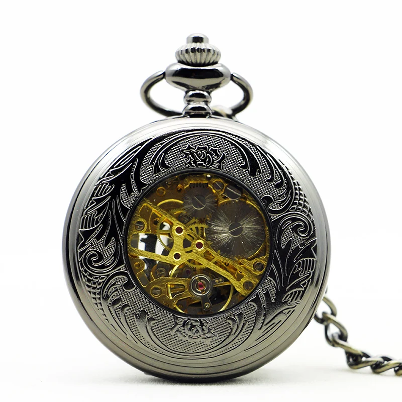 Black Mesh Relief Skeleton Mechanical Pocket Watch Retro Steampunk Gentleman Style Men's and Women's Necklaces Pendant Clock