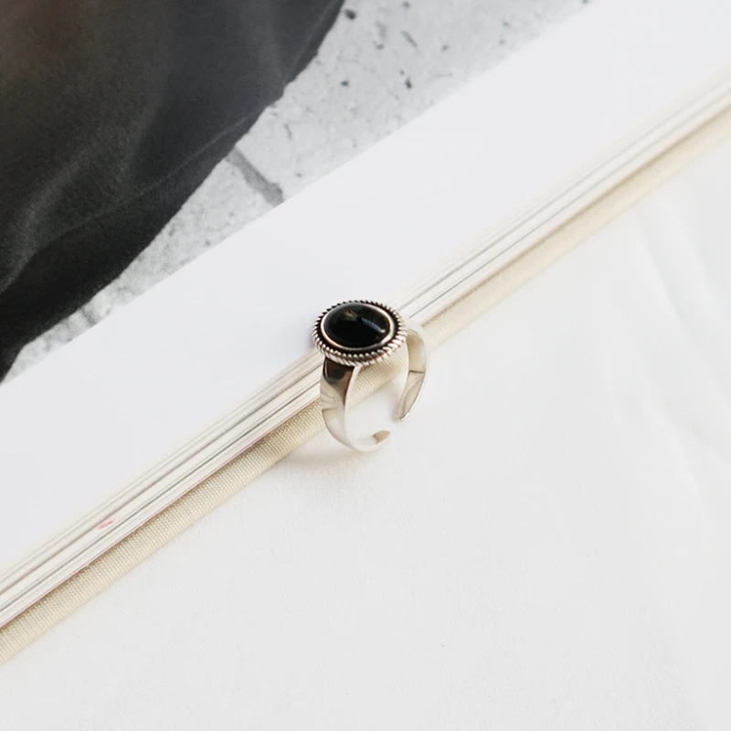 925 Sterling Silver Oval Black Agate Cabochon Twisted Charm Vintage Open Ring For Women And Girls Party Gifts Stone Jewelry | Украшения и