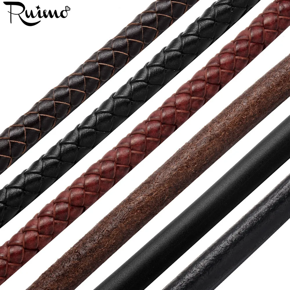 Кожаный шнур RUIMO 8 мм черный и коричневый круглый плетеный для браслета|rubber cord|cord