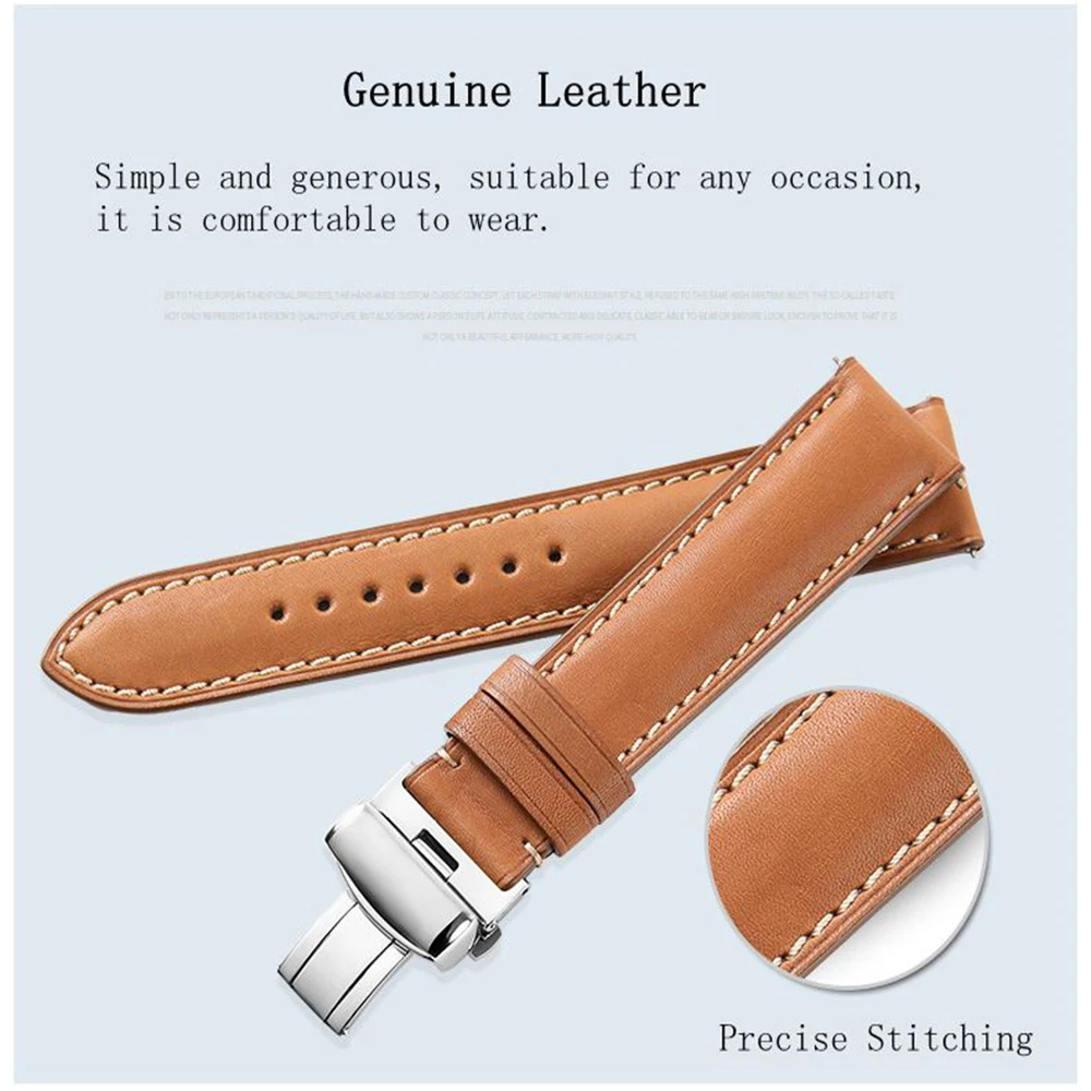 France Calf Leather 16mm 18mm 19mm 20mm 22mm 24mm Leather Strap Men Women Bracelet Butterfly Deployment Buckle Watch Band
