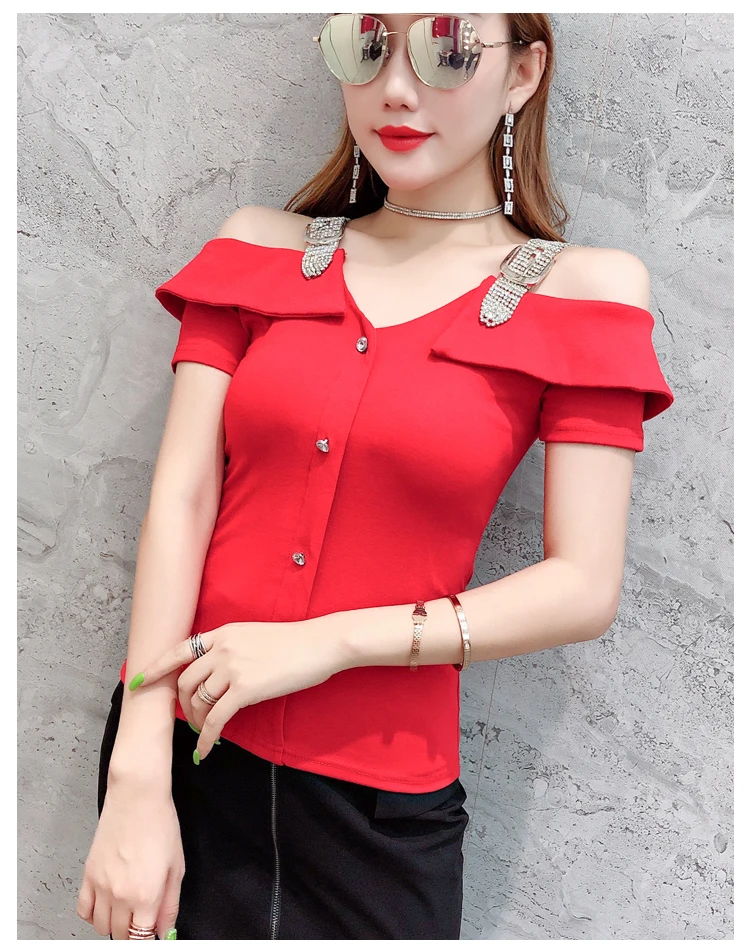 Red short sleeve Сексуальный пуловер с вырезом лодочкой и бриллиантами, футболка, новинка, летний женский топ с коротким рукавом, рубашка, одежда, Camiseta Mujer T96507 - Цвет: Red short sleeve