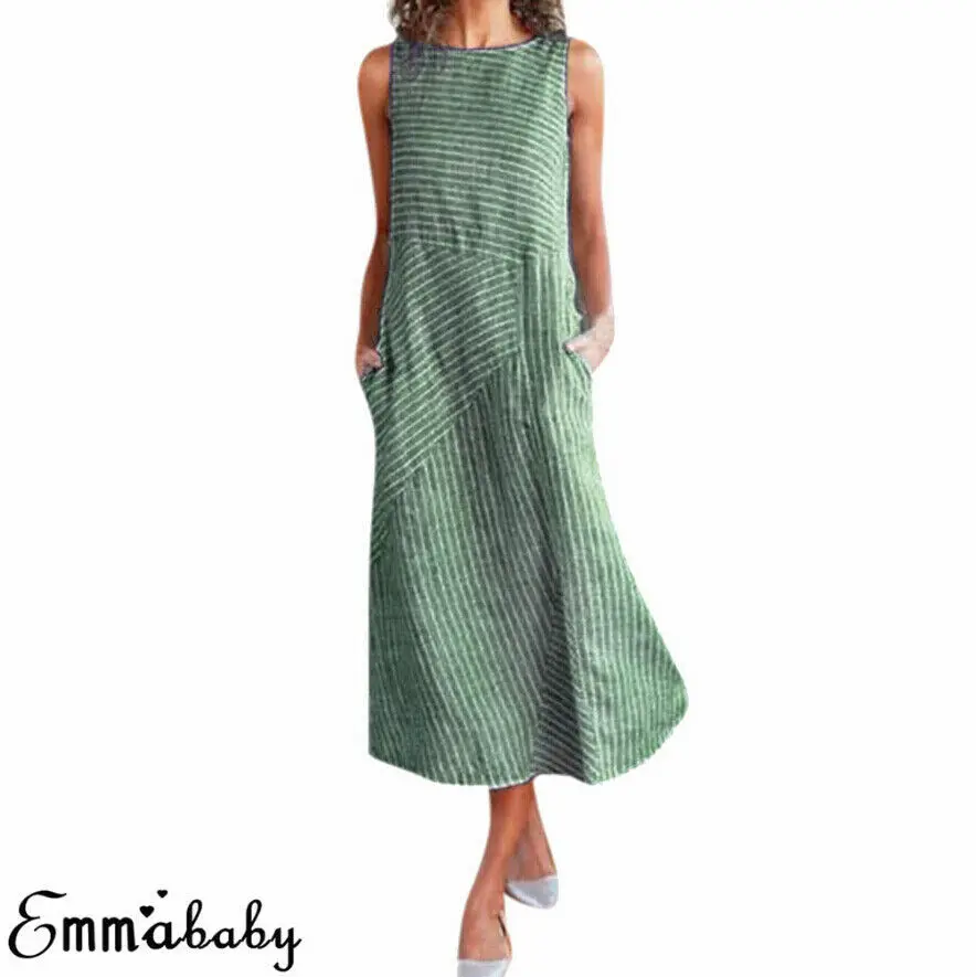 Лето женское пляжное Полосатое платье без рукавов Свободный Повседневный вечерние длинные платья Boho o-образным вырезом элегантный сарафан плюс размер 2XL
