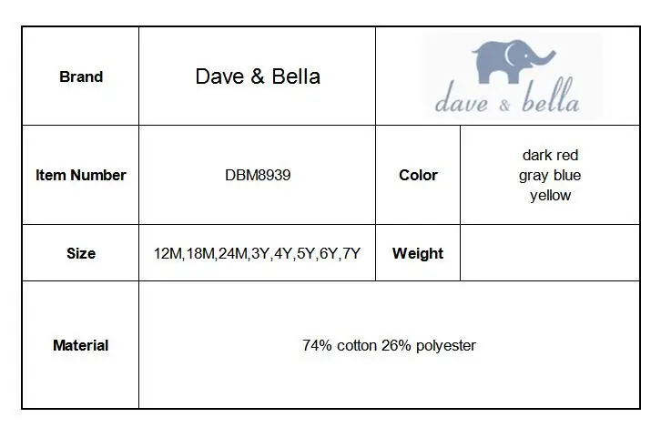 Dave bella/DBM8939; осенние комплекты одежды для маленьких мальчиков; детская одежда высокого качества; 3 цвета; модные детские комплекты с длинными рукавами и принтом