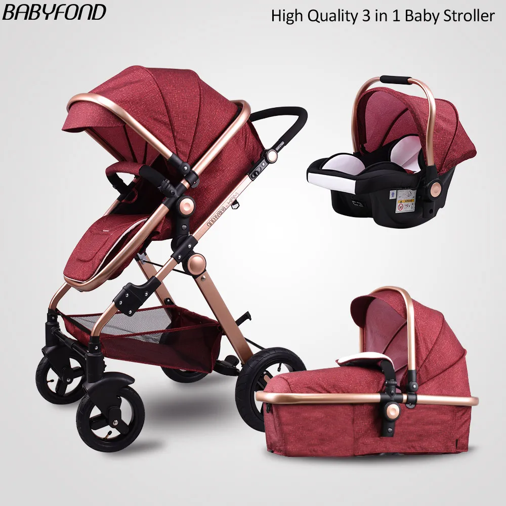 Babyfond 3 в 1 детская коляска PU водонепроницаемый материал многоцветный светильник Роскошная портативная детская коляска с корзиной и автокреслом - Цвет: Wine red