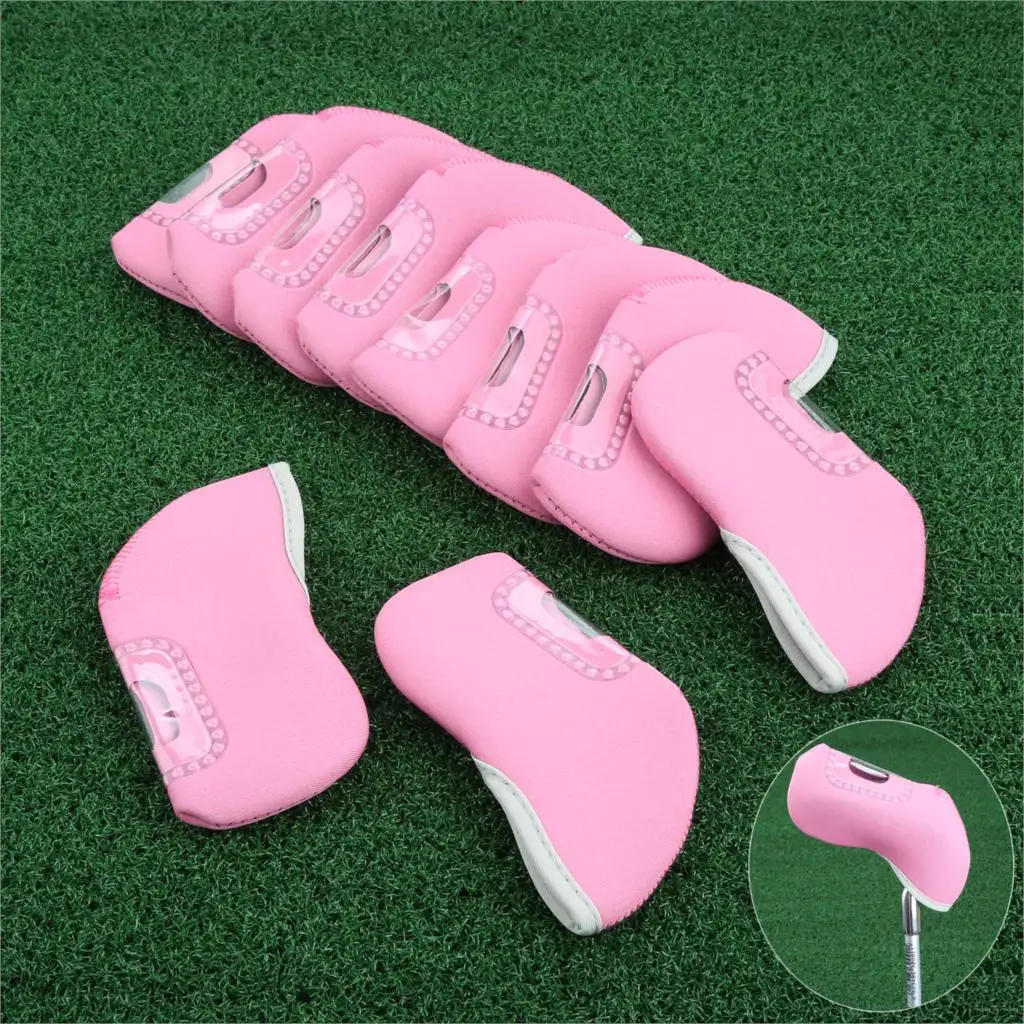 Pink 10 шт./компл. неопреновый чехол для головки клюшки для гольфа чехлы с прозрачной Пластик смотровым окошком для металлическая головка Защитные чехлы для головки 9-Цвета - Цвет: Pink