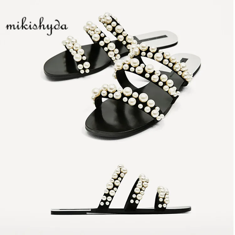 Сандалии женские с жемчужными бусинами босоножки тонким ремешком римские