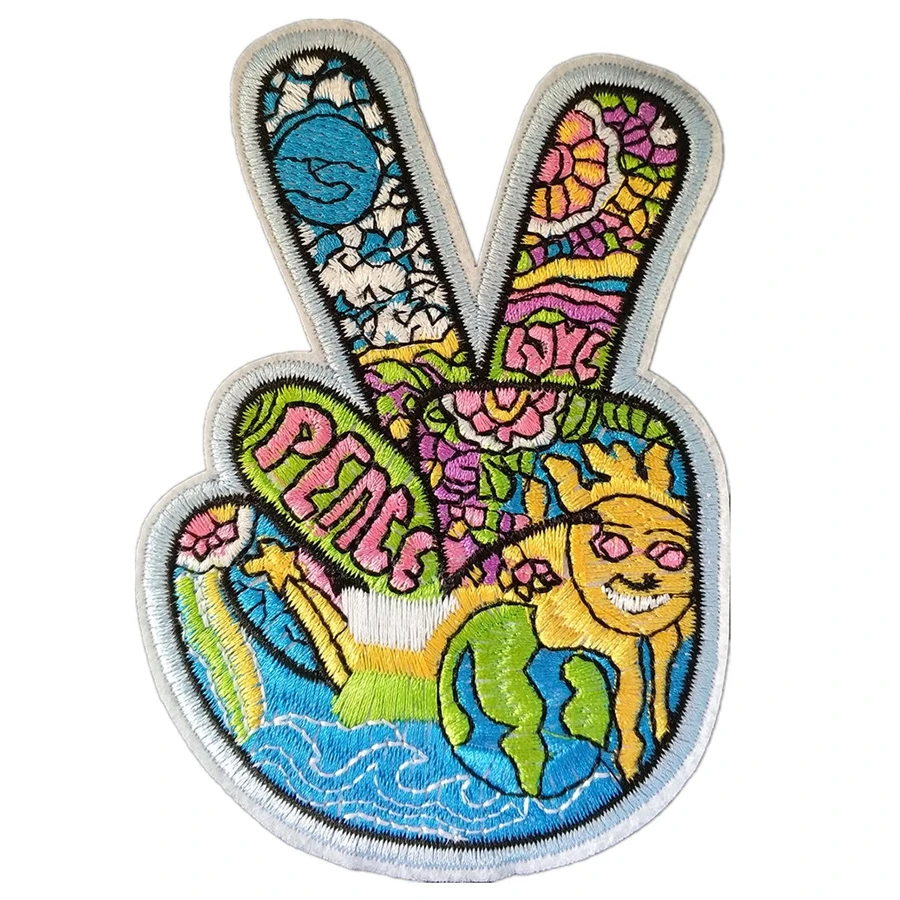 Знак V Победная рука Hippie Peace& Love Symbol Луна и солнце Радуга Рок Панк Ретро пришить Аппликация Железо на патч Байкерская нашивка на жилет