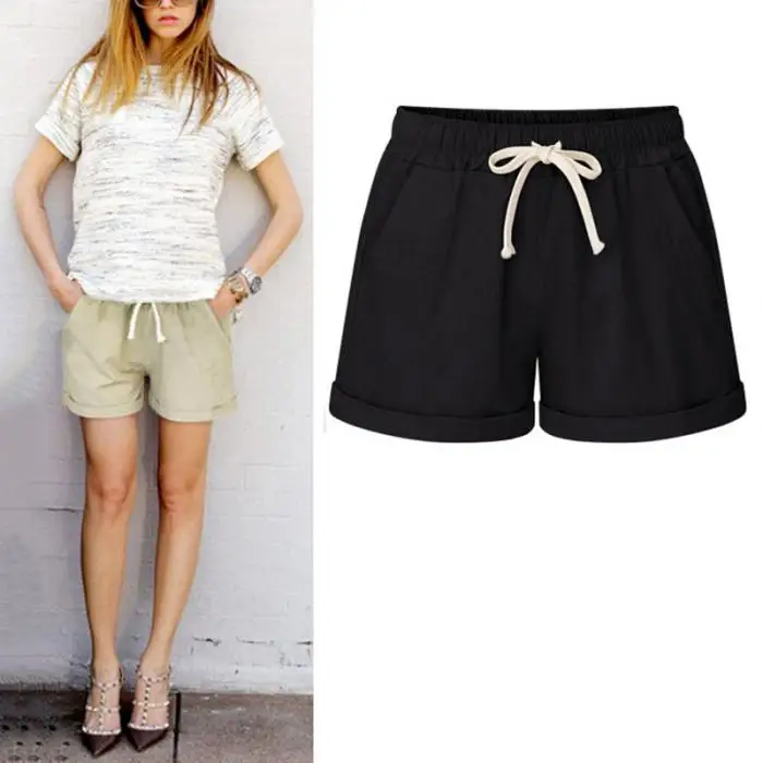 New Arrival Summer Women Wide Leg Shorts Cotton High Waist Drawstring Pockets Girl Casual Shorts Plus Size M-6XL