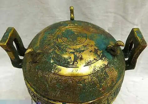 Китайский Старый бронзовый позолоченный горшок скульптура тонкая птичка три