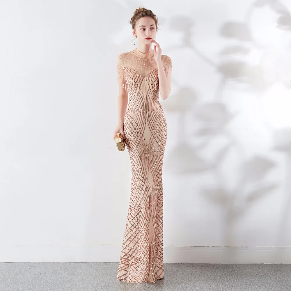 

Gold Mesh Sequin & Crystal Beads Tassel Mermaid Hot Sexy Woman Dress Elegant Evening Long Celebrity Dresses Party Club Prom Wear