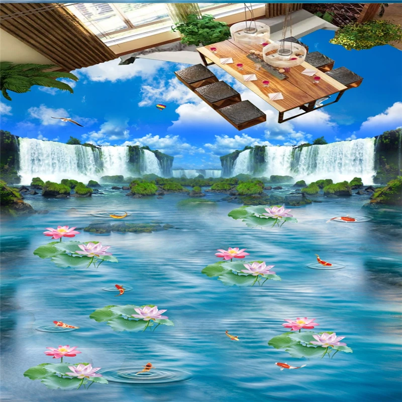 Beibehang голубое небо водопад Лотос Карп Ванная Кухня тротуар 3D Пол индивидуальный
