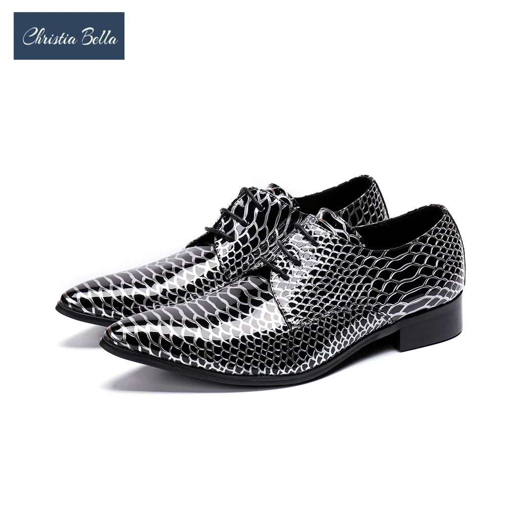 

Christia Bella New Designer Printing Men Oxford Shoes Patent Leather Business Dress Shoes Pointed Toe Wedding Men Brogue Shoes