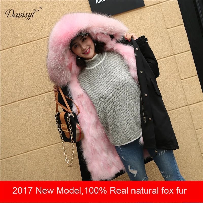 Женщина армия зеленый большой натуральный Лисий мех воротник куртка с капюшоном