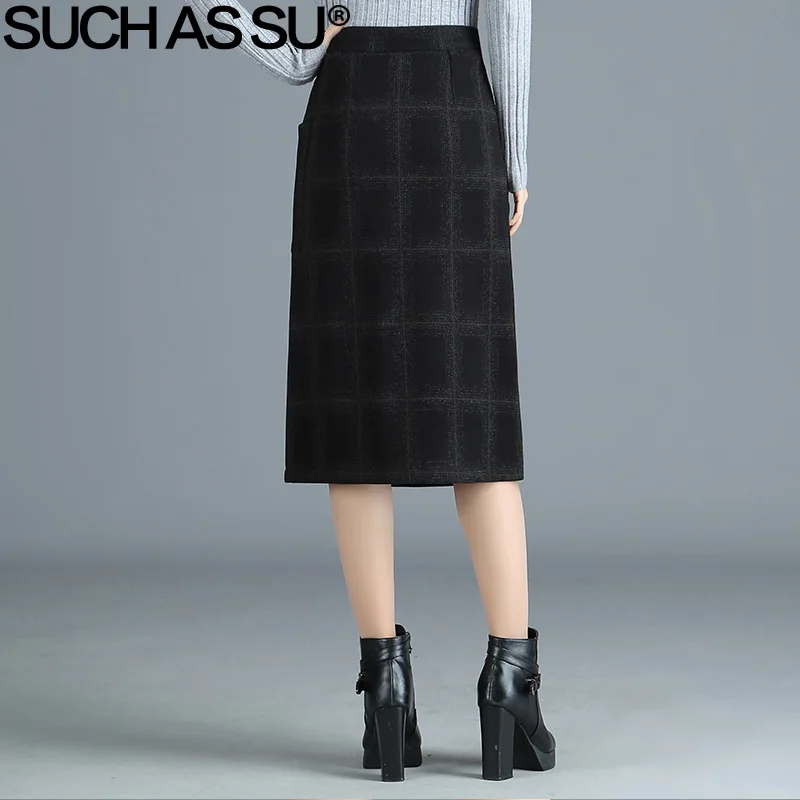 Такие как Су новые шерстяные клетчатые юбки для женщин 2018 черная средняя длинная