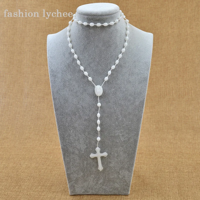 

fashion lychee Catholic Religious Virgin Mary Rosary Handmade White Color Long Beads Chain Necklace Prayer Beads Jewelry