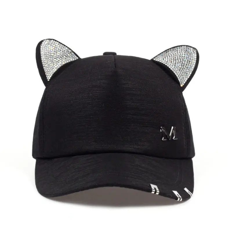 Новинка, Женская Бейсболка meow, лето-осень, черная, белая, розовая, кошачьи уши, кепка с кольцами и кружевами, милая шапка для девочки