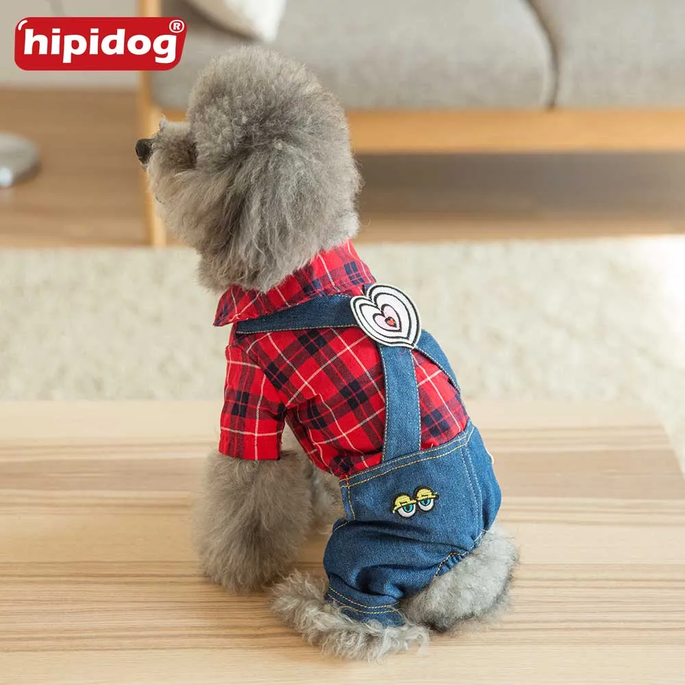 Костюм для собаки красный черный клетчатая рубашка джинсовые джинсы штаны с