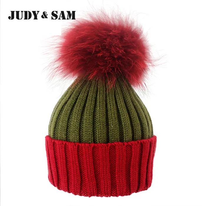 Женская теплая вязанная шерстяная шапка с помпоном из меха енота. 5 цветов.|beanie