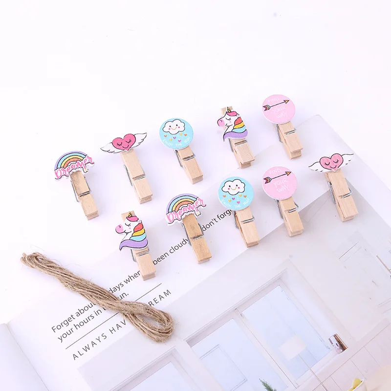 10 шт. деревянных зажимов для фотографий с изображением мультяшных единорогов, ручной работы, для декорирования на тему единорогов на детских праздниках и днях рождениях.