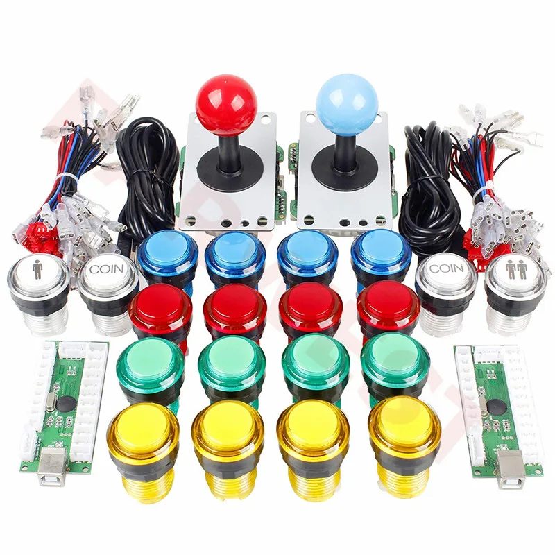 2 Player Arcade DIY USB Encoder to PC Joystick Games Kits+2x 5Pin Rocker+16x 33mm 5V LED Push Buttons 1 + 2Players Coin buttons
