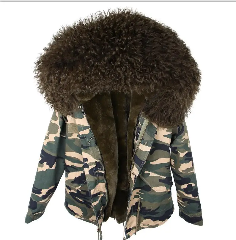 camo green Новая женская зимняя парка Овечий мех Парки натуральный мех пальто Одежда для улицы - Цвет: camo green