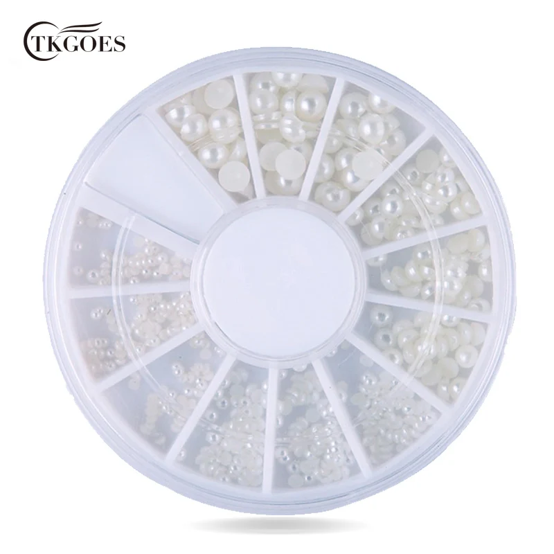 

TKGOES Mix 4Sizes White Color Nail Art Tips Half Pearls Flatback 3d Nail Beads Rhinestone Decoration DIY Beauty Salon Nail Wheel
