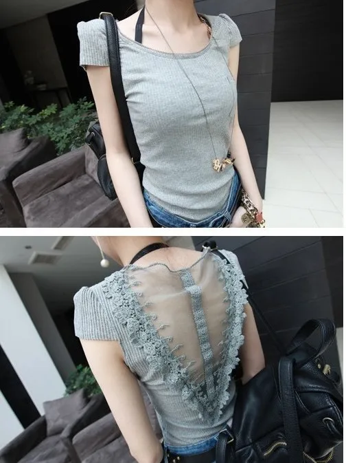 Free Shipping 2013 summer clothing new special fashion back perspective the lace then fight Slim thin T shirt|t-shirt screen printing