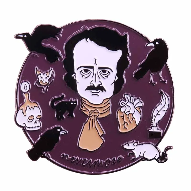 Nevermore raven brooch Edgar Allan Poe button badge Gothic horror pin literature art collection bookworm gift