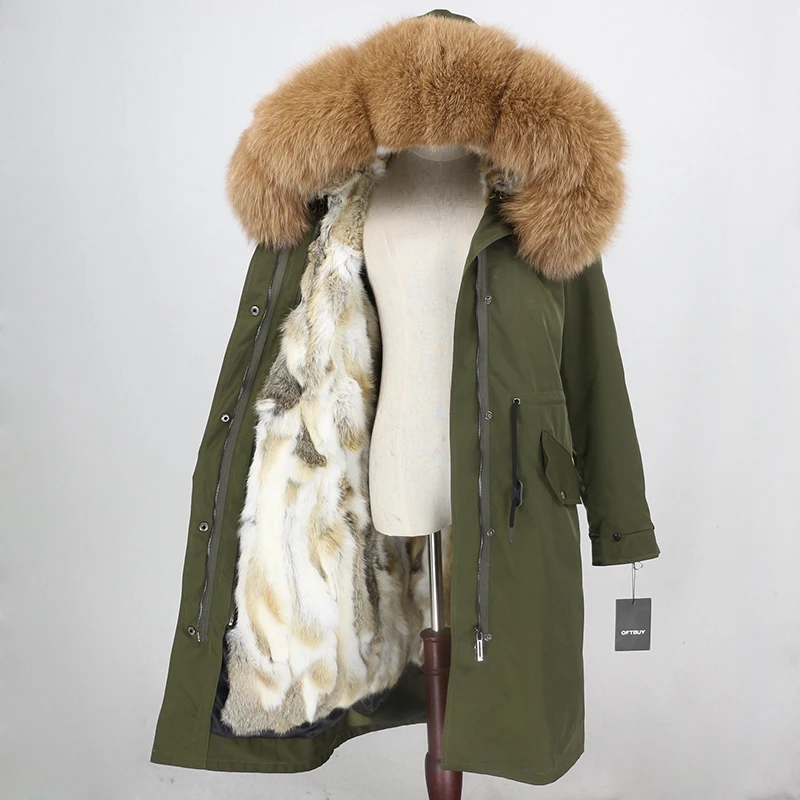green camel OFTBUY, водонепроницаемая верхняя одежда, парка, зимняя куртка, Женское пальто с натуральным мехом, Воротник из меха серебристой лисы, капюшон, натуральный мех кролика, подкладка, теплая - Цвет: green camel