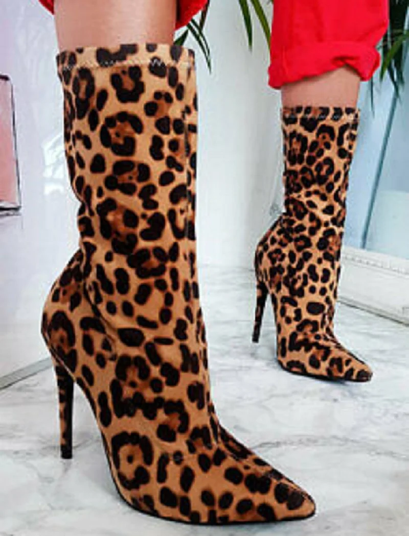 Женские леопардовые сапоги Пикантные женские туфли на высоком каблуке с острым