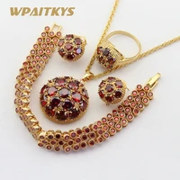 18k gold color jewelry sets for women red zircon bracelet hoop earrings necklace pendant rings free gift box