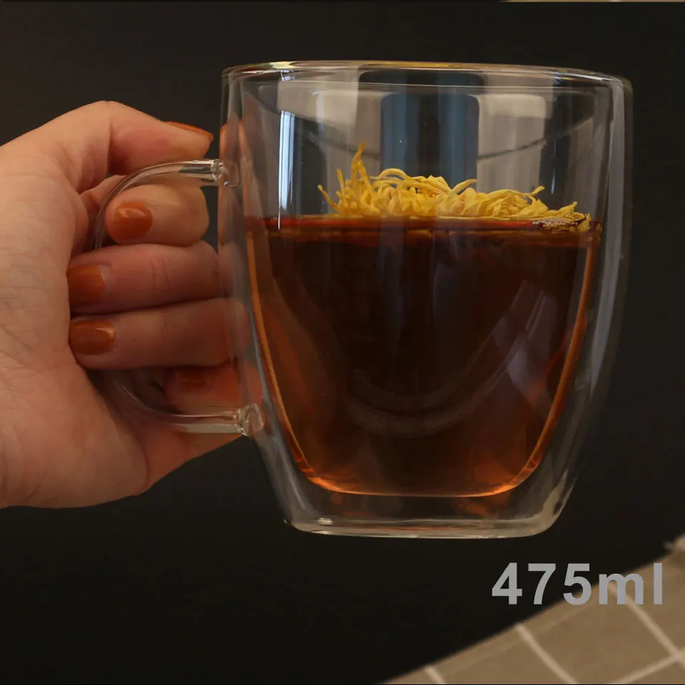 Комплект из 2 предметов с двойными стенками, Стекло прозрачный Чай чашки вина Стекло es с ручкой Виски Посуда для напитков молоко Кофе кружки 250/375/475 мл