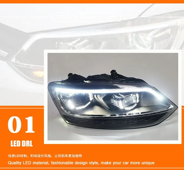 2 шт. светодиодный фары для VW Polo 2011- Автомобильный светодиодный фонарь с двумя ксеноновыми линзами автомобильные аксессуары дневные ходовые огни противотуманные фары