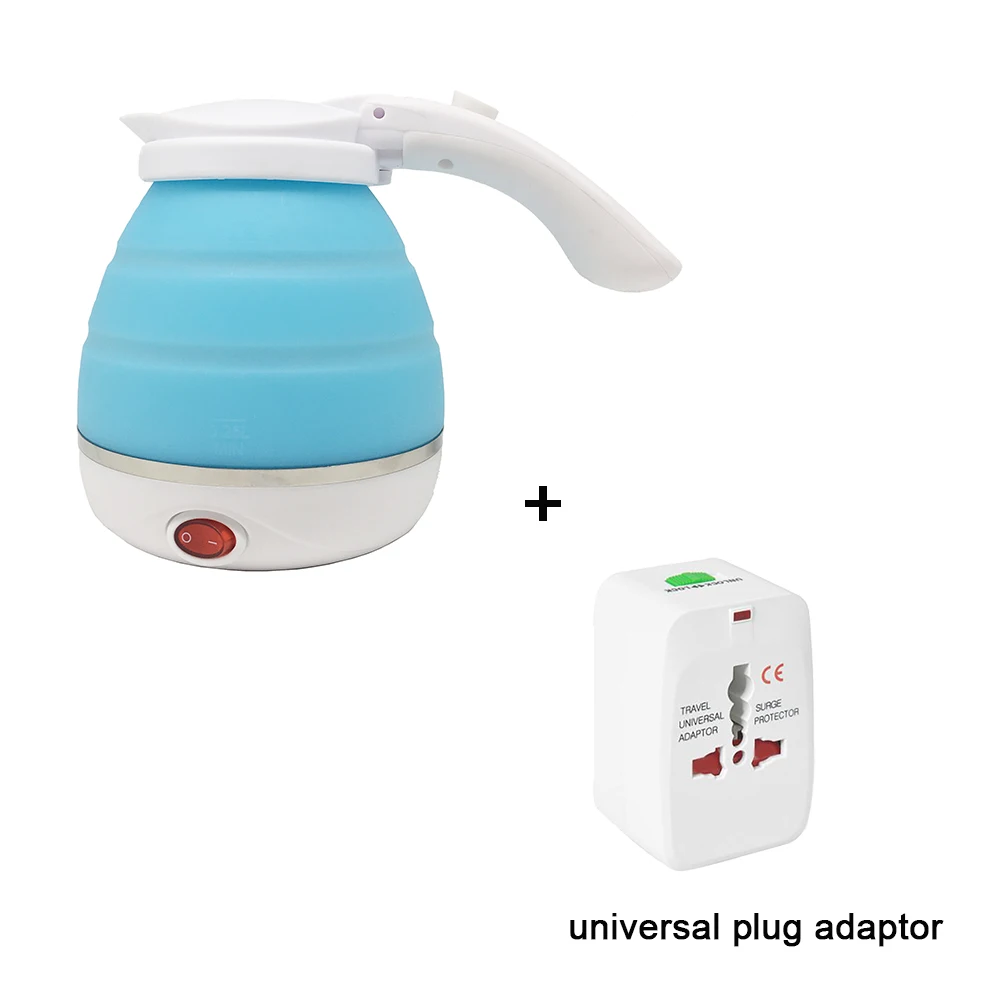 Kettle with adaptor Дорожный складной электрический чайник-Портативный Силиконовый складной походный чайник 100-240 в 750 мл(синий) защита от вскипания и сухости - Цвет: Kettle with adaptor