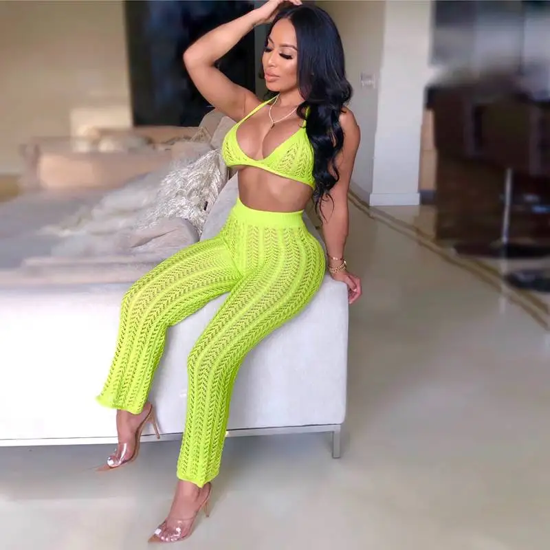 Hollow Out Knitted Fishnet 2 Piece Set Women Halter Backless Crop Tops + High Waist Transparent Wide Leg Pants Summer Tracksuit |