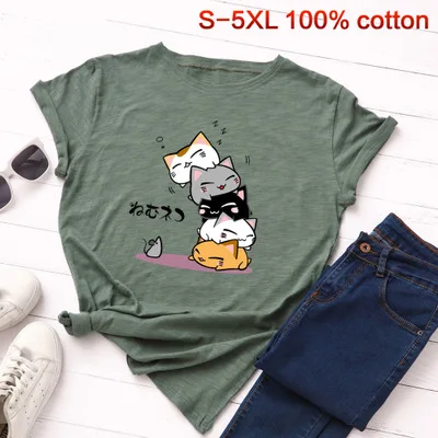 green S-5XL, новинка, принт с милой кошкой, женская футболка, хлопок, круглый вырез, короткий рукав, летняя маленькая футболка с крысами, топы, повседневные, плюс футболки - Цвет: green