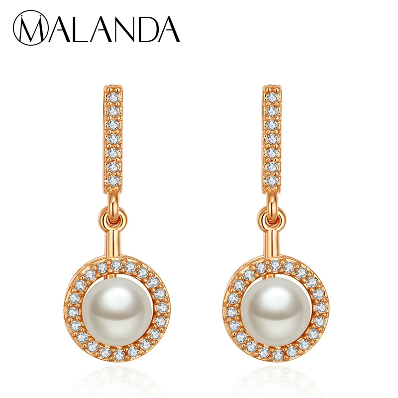 MALANDA новый белый круглый жемчуг Циркон Серьги для Для женщин модные золотые Цвет