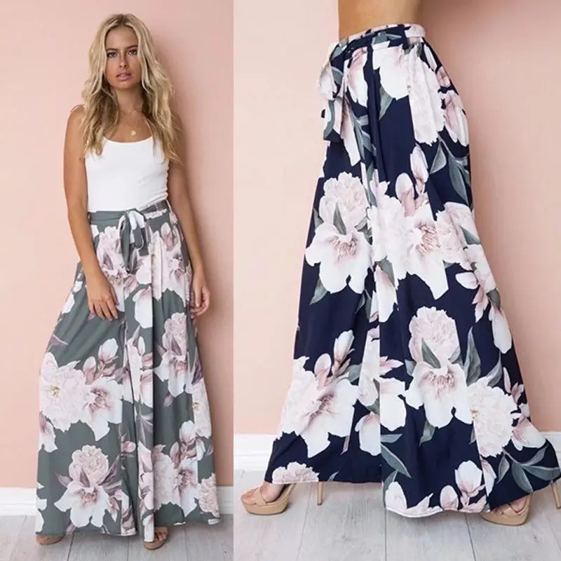 

Women Long Hippie Wide Leg Gypsy Yoga Dance Boho Palazzo Trousers Floral Print Summer Beach Elastic High Waist Chiffon