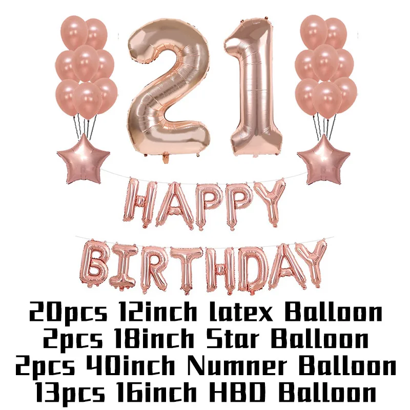 21 Birthday Set MEIDDING С Днем Рождения Фольга из розового золота воздушный шар воздушные шары Свадебный декор 30/40/50th день рождения принадлежности для юбилейной вечеринки - Цвет: 21 Birthday Set