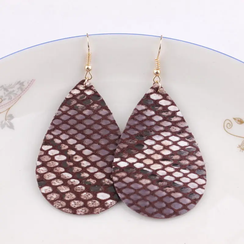 

ZWPON 2019 New Burgundy Imitated Snakeskin Leather Earrings for Women Trendy BOHO Leather Teardrop Earrings Animal Print