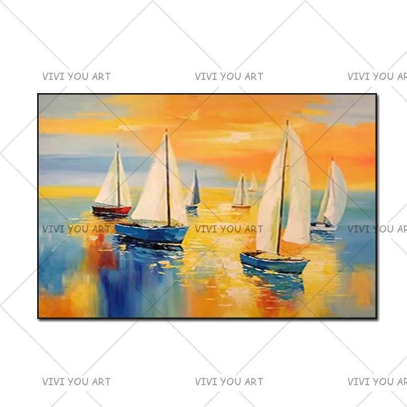 

Hand-painted Modern Abstract Landscape Boats Sunset Oil Painting on Canvas Handmade Seascape Wall Art Sailing Sea Wall Decor