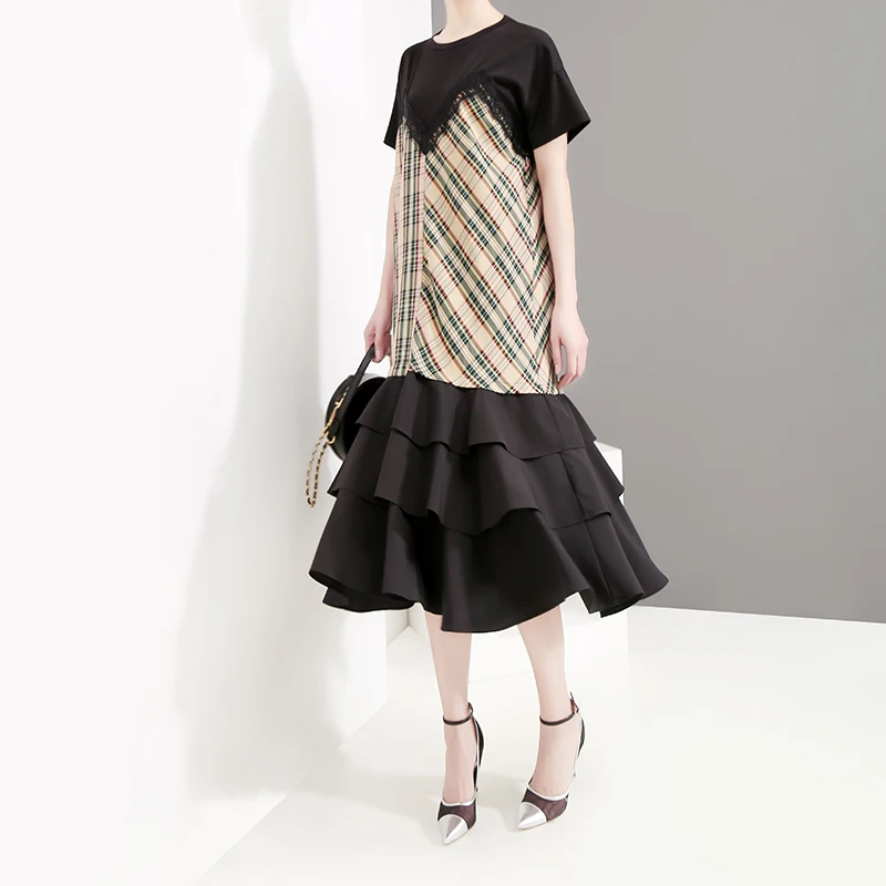 2019 корейский стиль женское летнее черное платье короткий рукав оборки подол