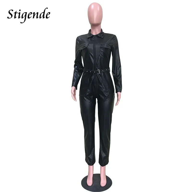 Женский комбинезон из искусственной кожи с отложным воротником и длинным