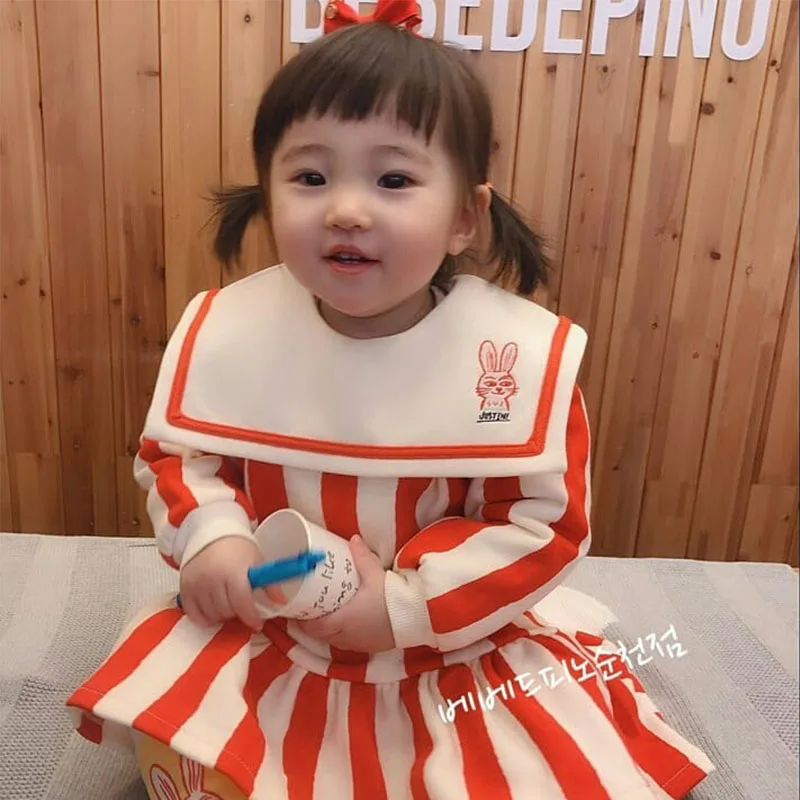 EnkeliBB, корейские детские весенние платья для девочек, Bebe de P*, детское платье в полоску с принтом для маленьких девочек, милые красные платья в морском стиле