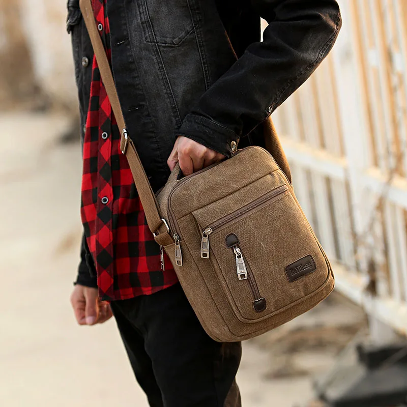 Сумка мессенджер Мужская холщовая Винтажная сумочка на ремне маленькая